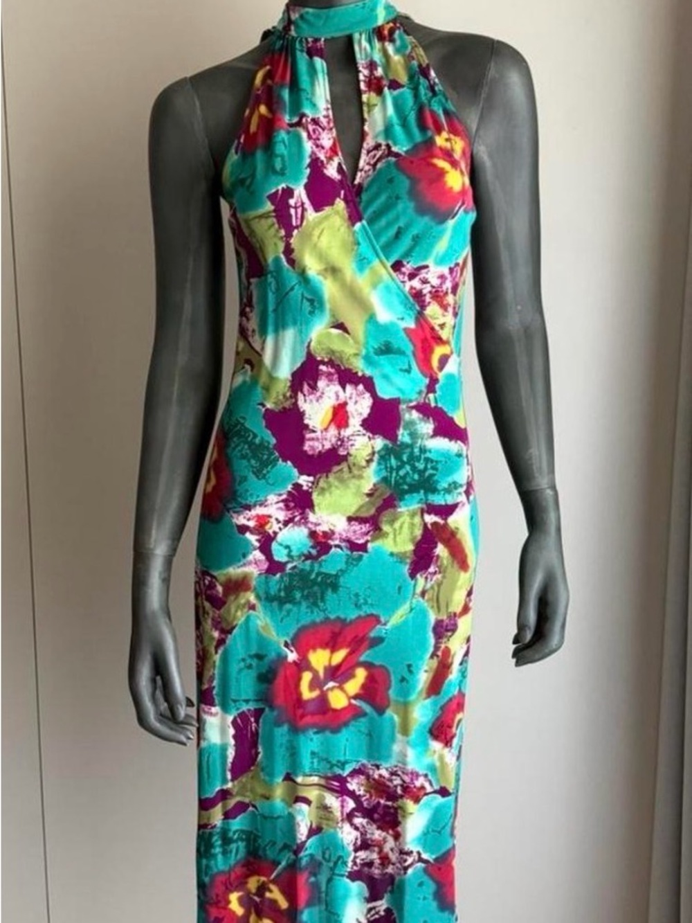 Etro Teal Multicolor Floral Halter Maxi Dress
